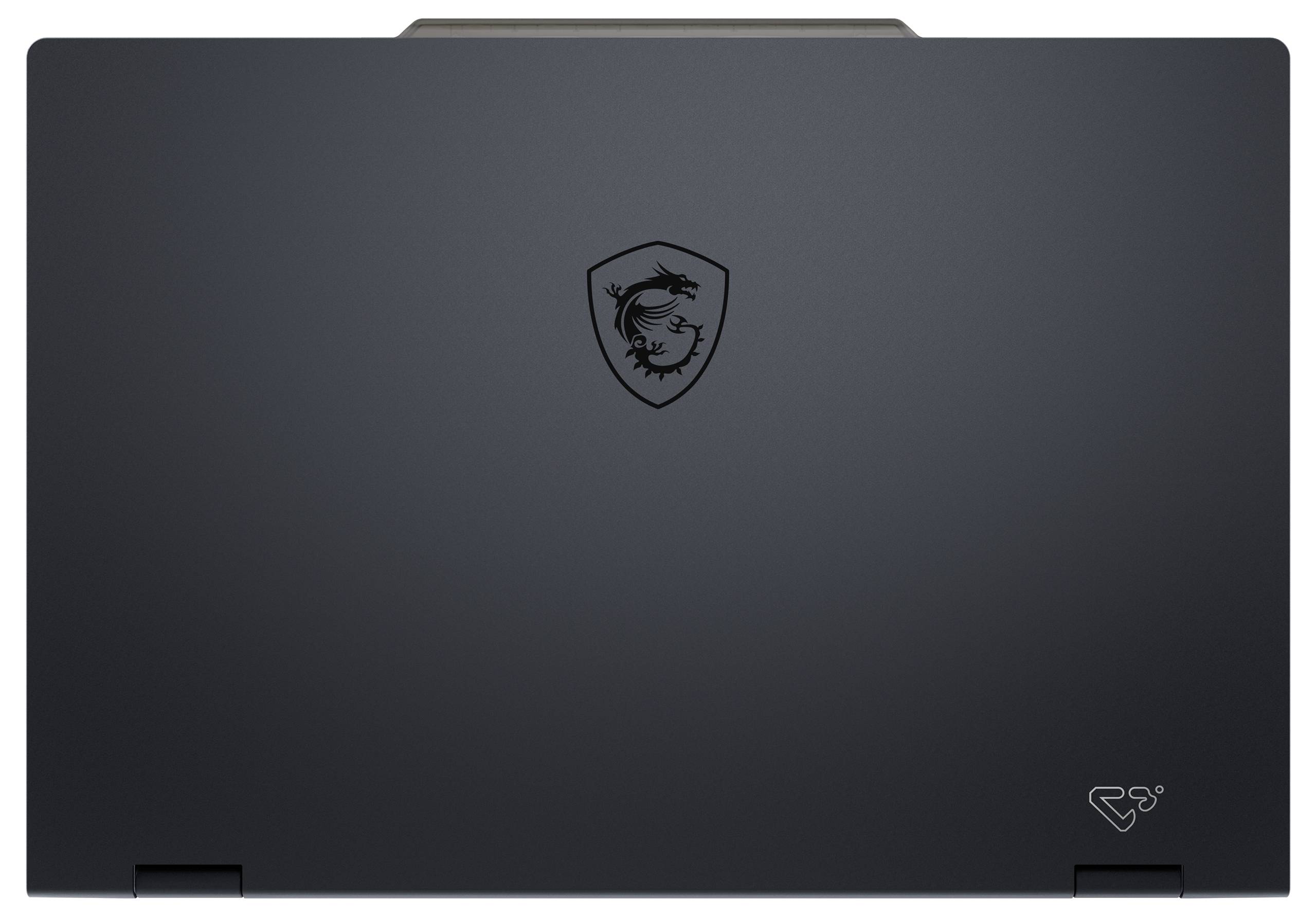 Un ordinateur portable avec un couvercle mat noir fermé arborant un logo de dragon stylisé et un petit symbole de recyclage dans le coin.