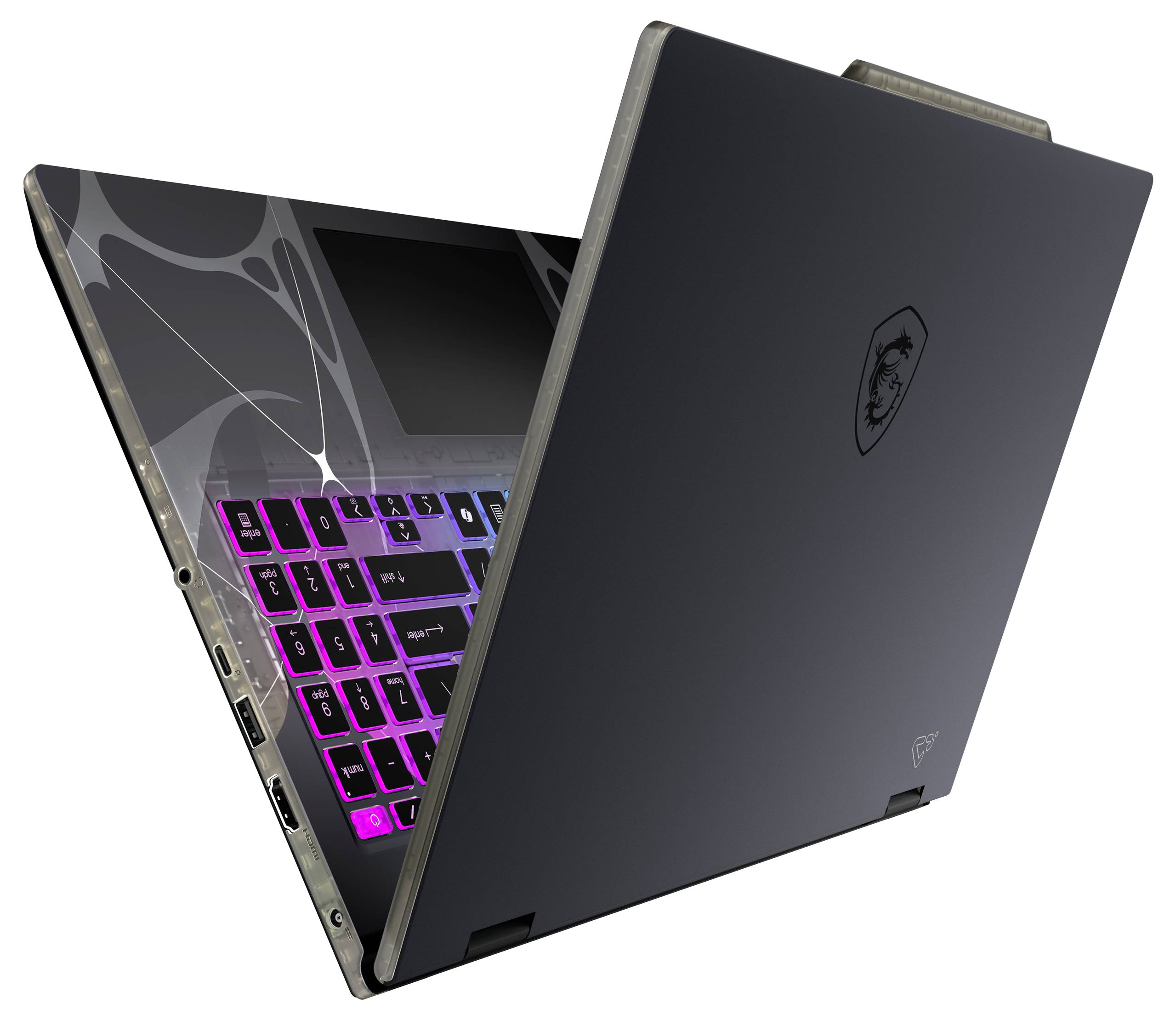 Un ordinateur portable partiellement ouvert avec un clavier illuminé visible, affichant des lumières violettes et roses. L'ordinateur portable présente un design élégant en noir.
