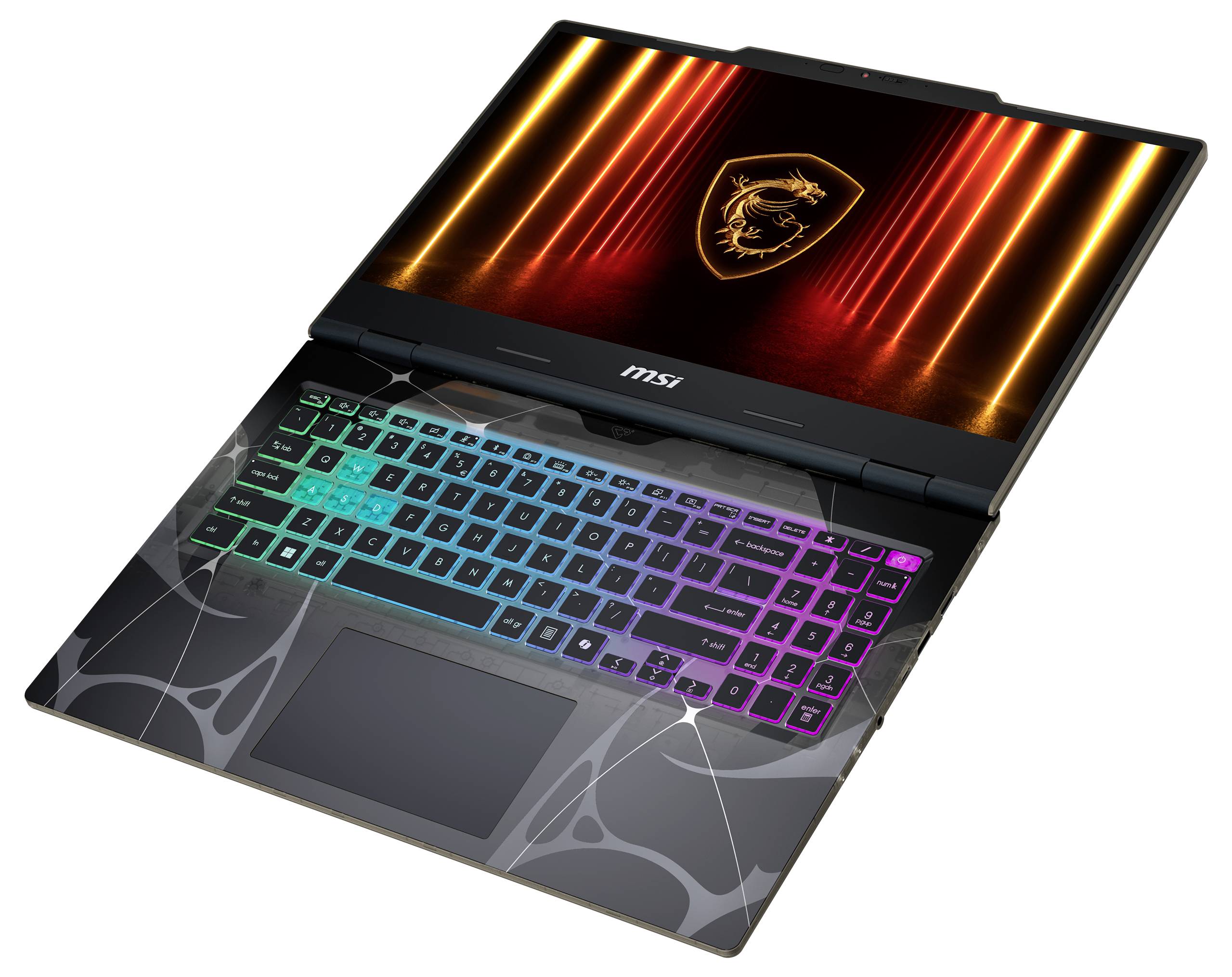 Ordinateur portable de jeu MSI avec un clavier illuminé et coloré et un logo de dragon MSI sur l'écran. L'arrière-plan présente des traînées de lumière oranges.