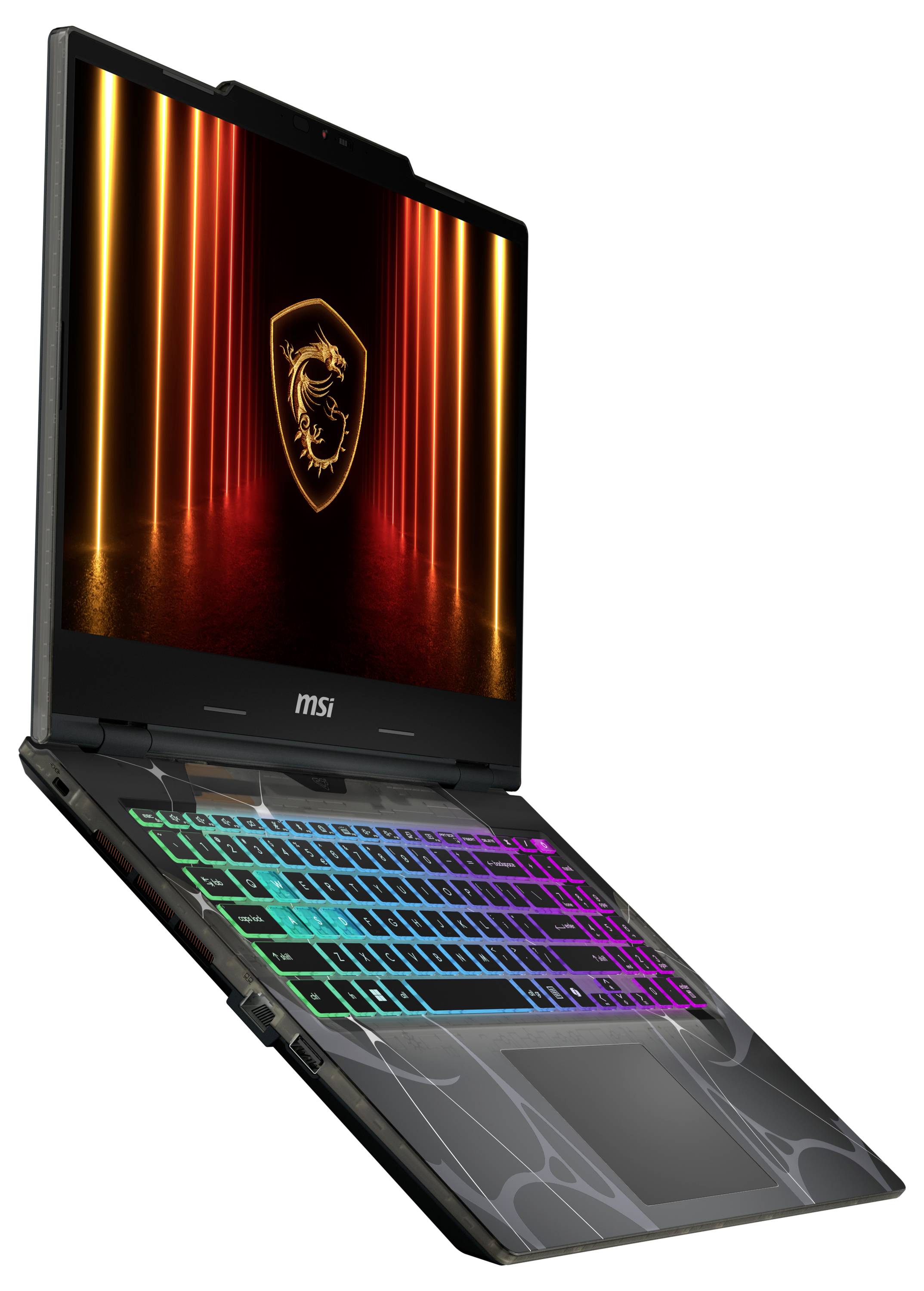 Un ordinateur portable de jeu avec un clavier rétroéclairé, affichant le logo MSI sur son écran.