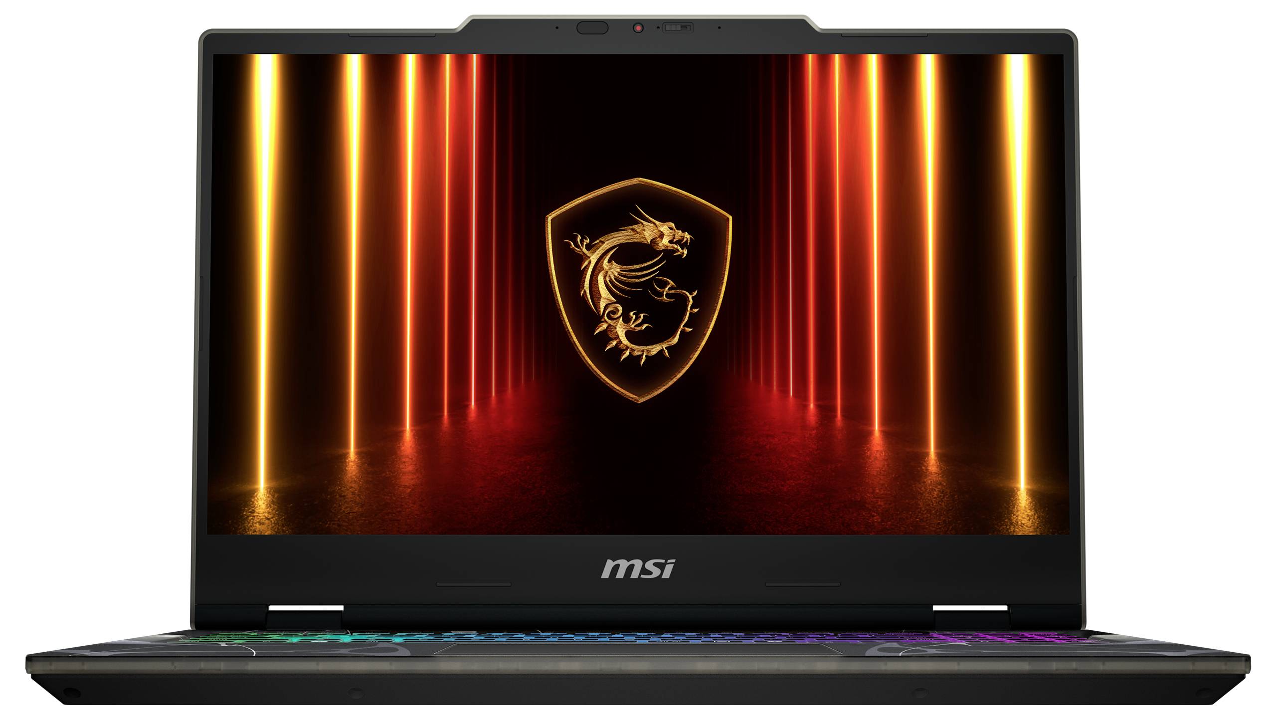 Ordinateur portable MSI avec emblème de dragon rouge et orange illuminé sur l'écran, clavier rétroéclairé RVB, sur fond sombre.