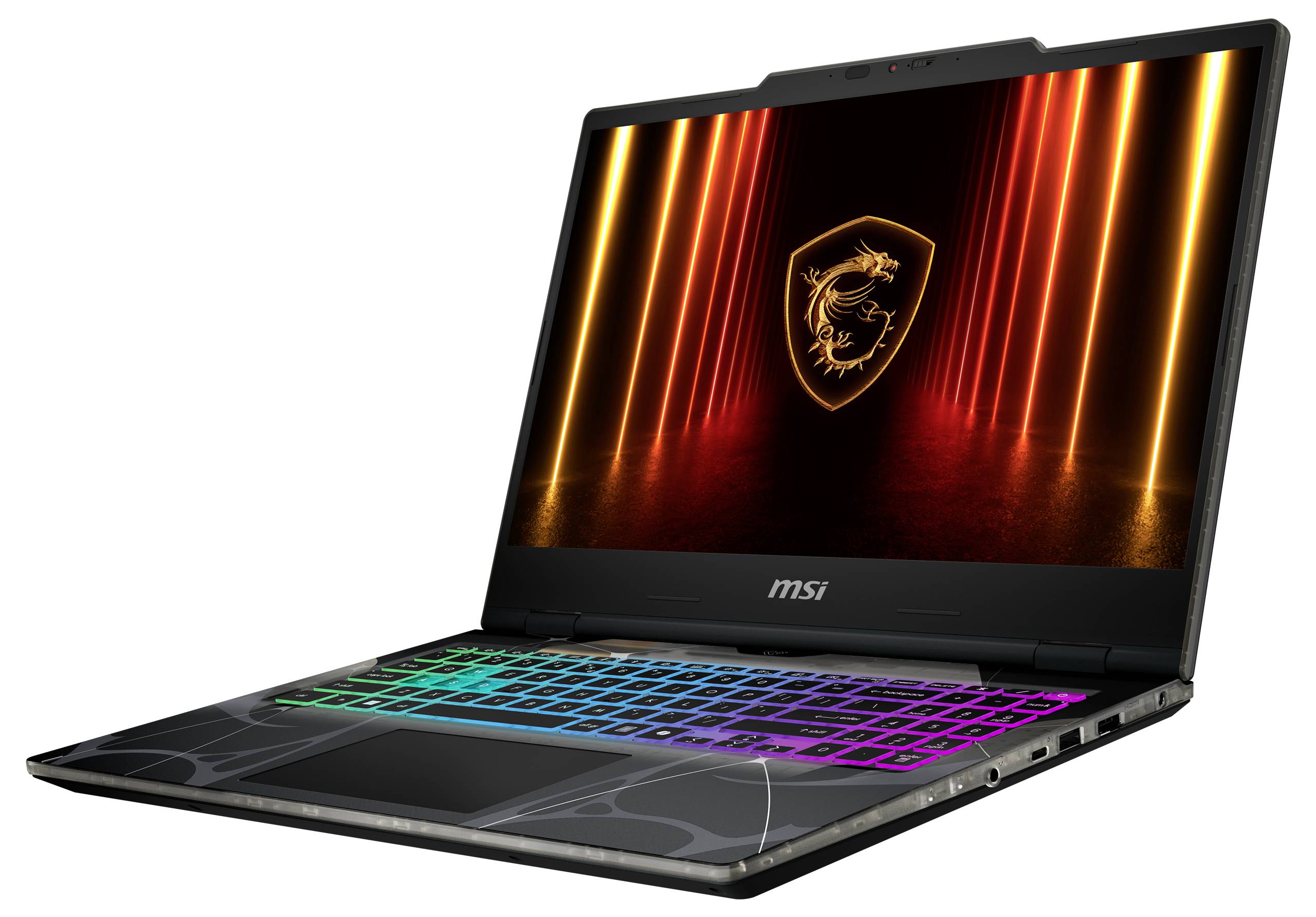 Un ordinateur portable de jeu avec un logo lumineux sur l'écran et un clavier rétroéclairé coloré.