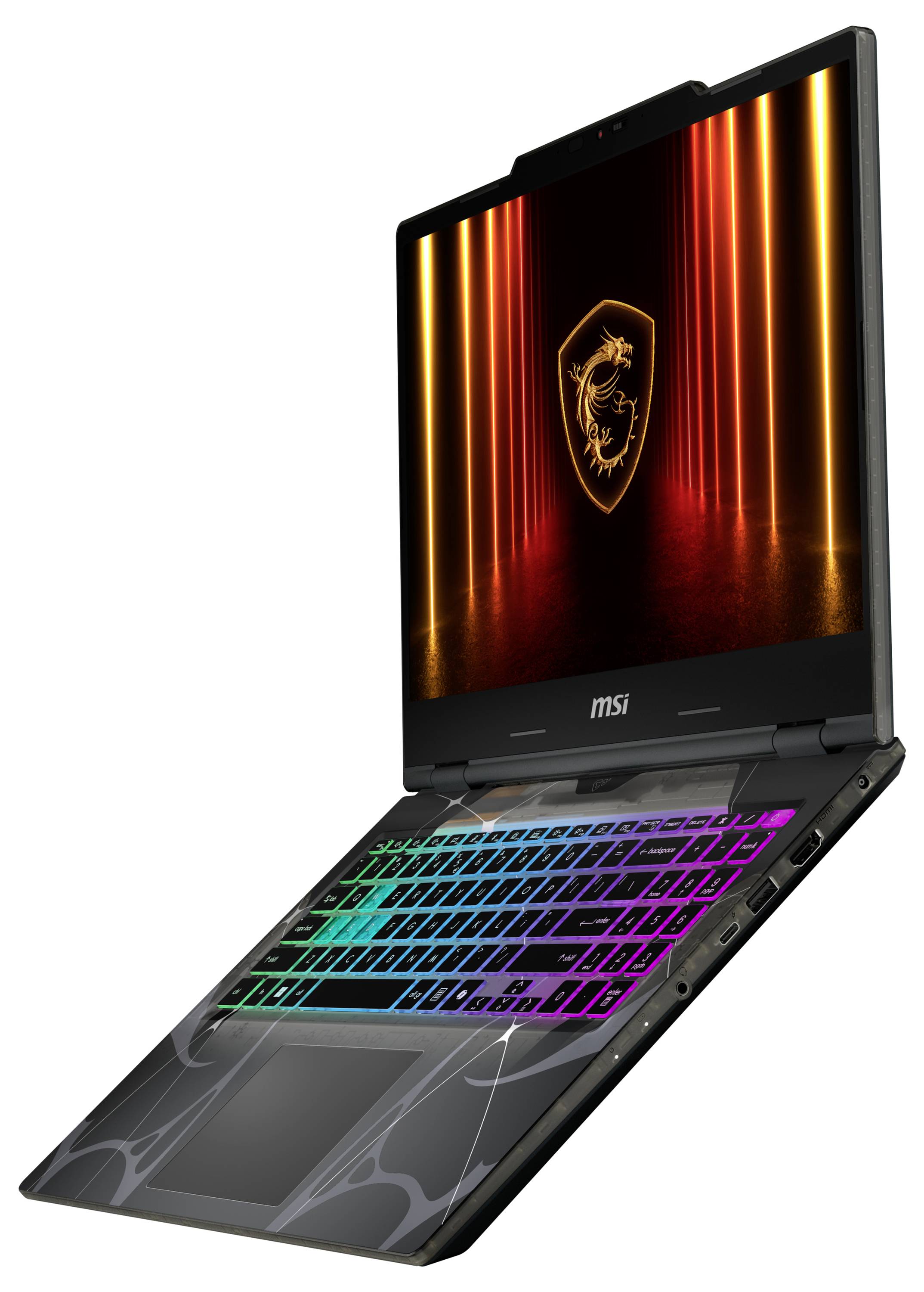 Un ordinateur portable avec un écran partiellement ouvert affichant un logo de bouclier lumineux. Le clavier est éclairé par des lumières LED colorées.