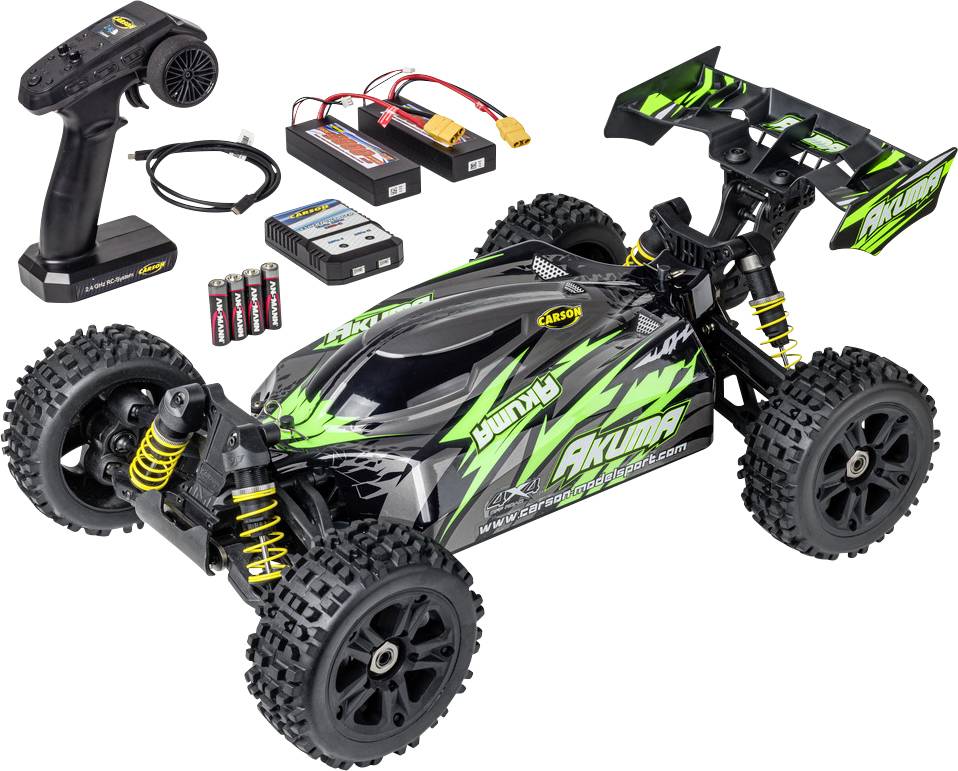 Kit de voiture télécommandée 'Akuma' avec batteries, chargeur et télécommande. La voiture présente un design élégant noir et vert avec de grandes roues.