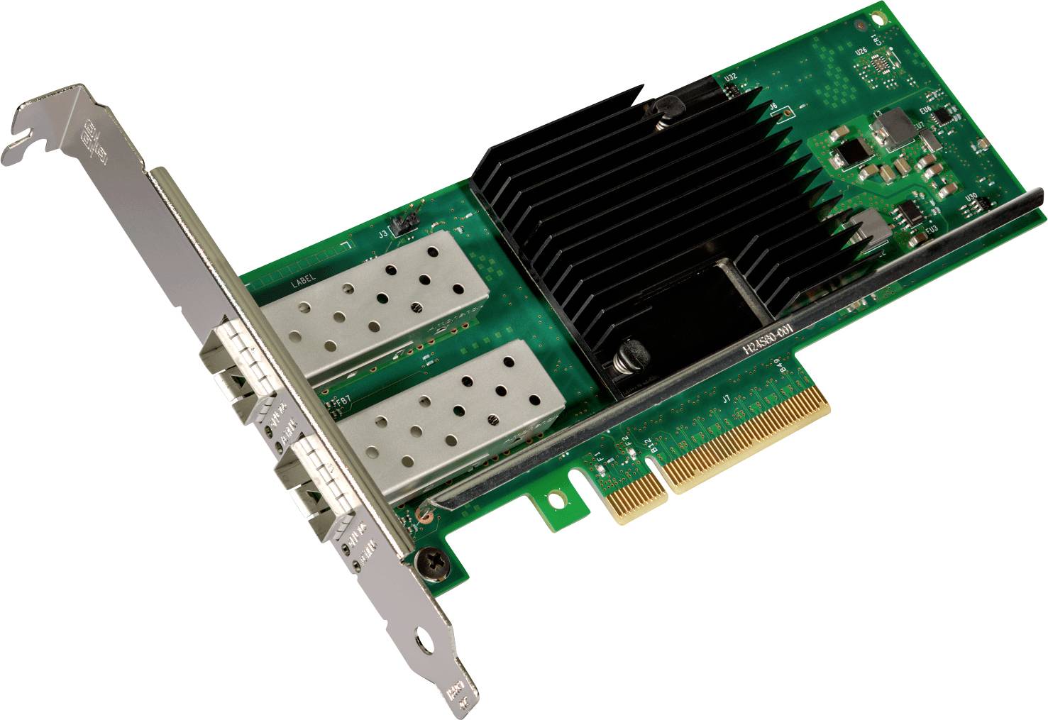 Une carte d'interface réseau avec deux ports SFP, un dissipateur thermique et un connecteur PCI Express, utilisée pour la communication réseau dans les serveurs.