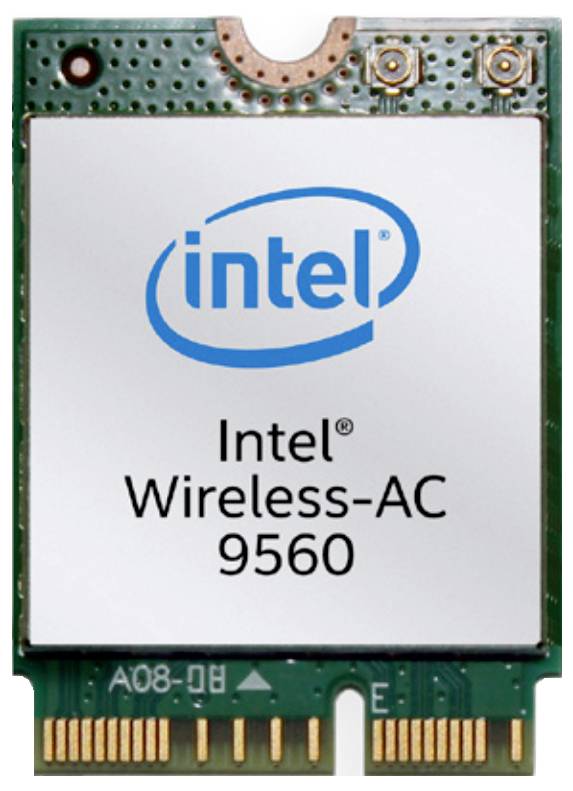 Carte réseau 'Intel Wireless-AC 9560' présentant le logo Intel, avec des circuits électroniques visibles sur le bord supérieur, utilisée pour la connectivité sans fil dans les appareils.
