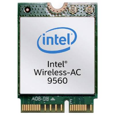 Carte réseau 'Intel Wireless-AC 9560' présentant le logo Intel, avec des circuits électroniques visibles sur le bord supérieur, utilisée pour la connectivité sans fil dans les appareils.