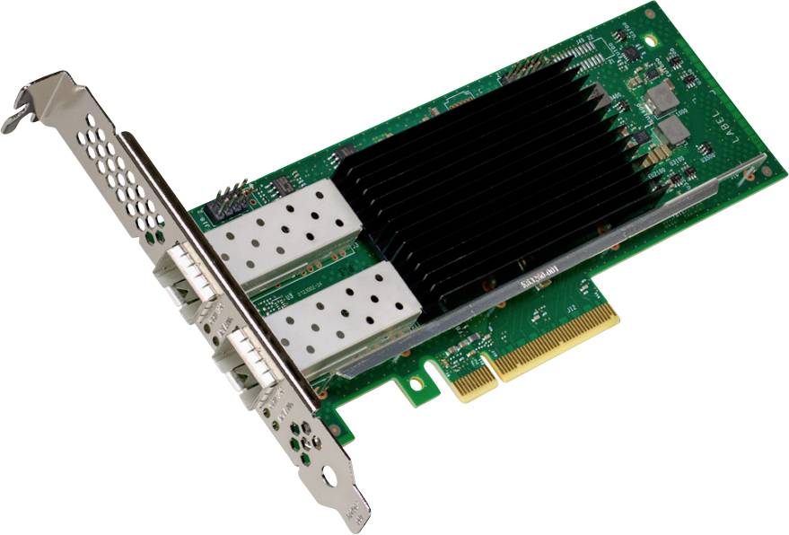 Une carte réseau pour ordinateur avec double ports et dissipateur thermique, conçue pour être installée sur une carte mère afin d'améliorer la connectivité et la vitesse.