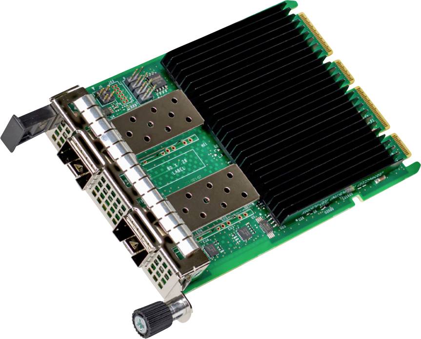 Une carte d'interface réseau pour ordinateur avec plusieurs ports et un dissipateur thermique noir sur le dessus, utilisée pour se connecter à un réseau dans des serveurs ou des PC.