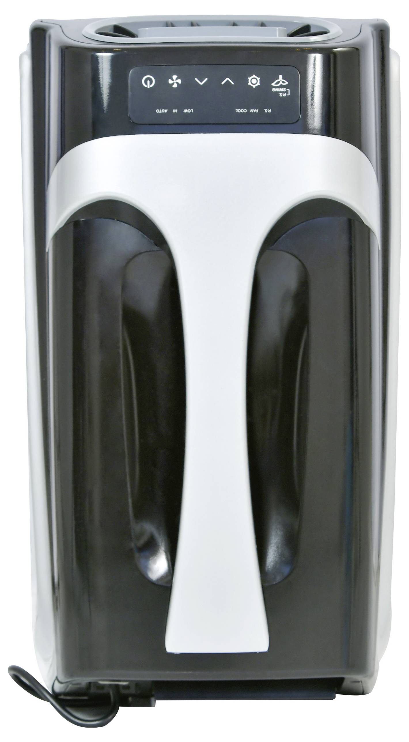 Un refroidisseur d'air noir et blanc avec un panneau de commande sur le dessus dotée d'icônes pour l'alimentation, la vitesse du ventilateur, la minuterie et les paramètres de mode.