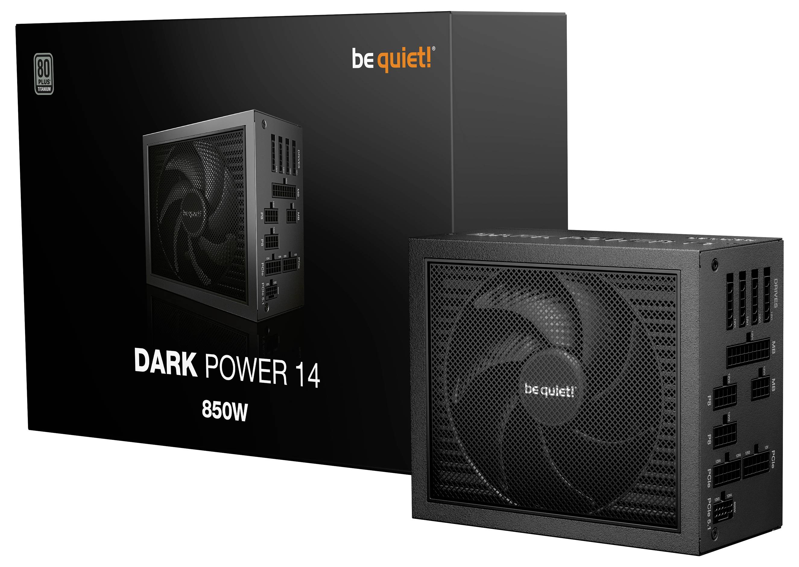 « Silence ! » Bloc d'alimentation Dark Power 14 850W et son emballage. Le carton présente une image de l'unité d'alimentation et le logo de certification 80 PLUS Titanium.