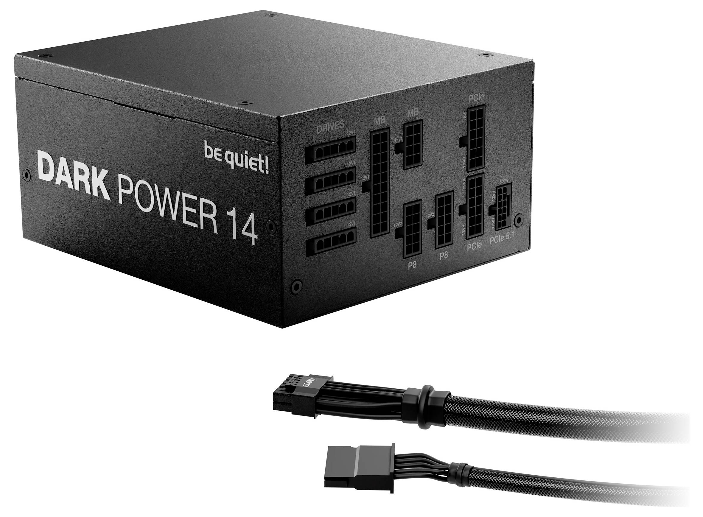 Un bloc d'alimentation noir « be quiet! DARK POWER 14 » avec différents ports étiquetés pour les câbles, présenté à côté de deux câbles de connexion noirs.