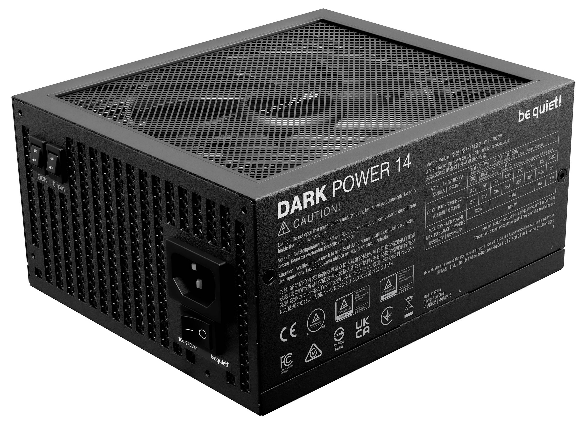 Un bloc d'alimentation étiqueté « Dark Power 14 » de « be quiet! », avec un dessus en maille et des informations détaillées sur le produit sur le côté.