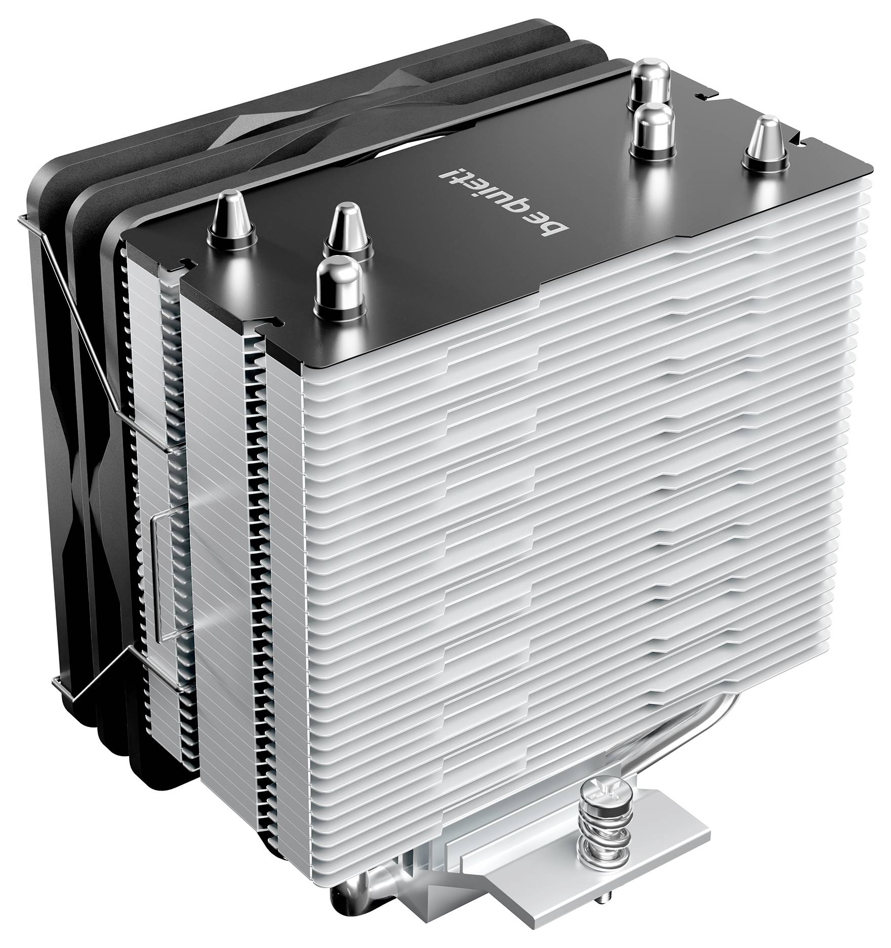 Un refroidisseur de CPU d'ordinateur se dresse avec une série de lamelles métalliques horizontales et deux ventilateurs noirs de chaque côté. Il possède une base métallique brillante.