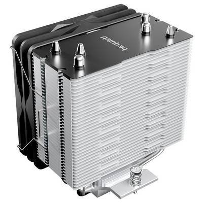 Un refroidisseur de CPU d'ordinateur se dresse avec une série de lamelles métalliques horizontales et deux ventilateurs noirs de chaque côté. Il possède une base métallique brillante.