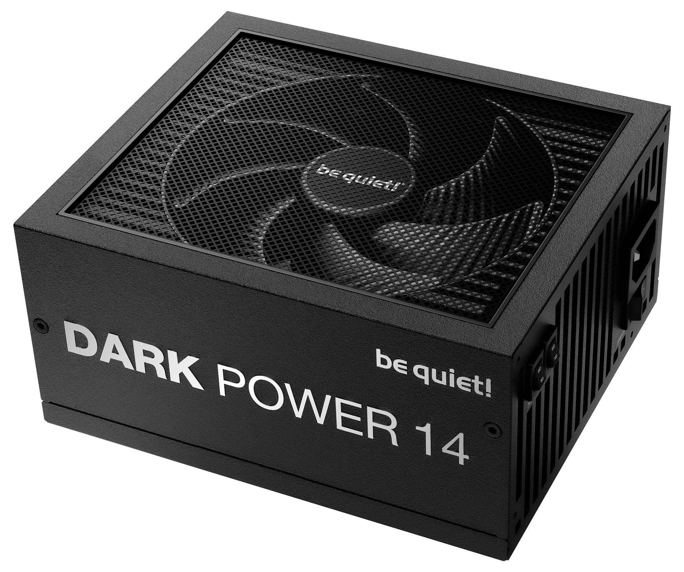 L'image montre une unité d'alimentation pour ordinateur 'be quiet!' Dark Power 14 avec un extérieur noir et un ventilateur de ventilation sur le dessus.