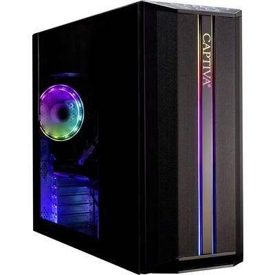 Une tour d'ordinateur de bureau noir avec des éclairages LED colorés et le mot 'CAPTIVA' inscrit verticalement sur le panneau avant.