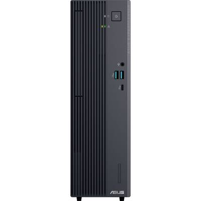 Tour d'ordinateur de bureau noir avec des fentes de ventilation, un bouton d'alimentation, des témoins lumineux, des ports USB et un logo ASUS.