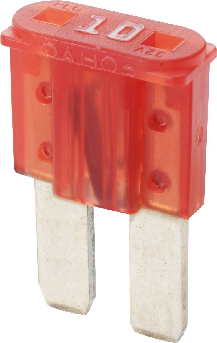 Un fusible automobile à lame rouge de 10 ampères avec deux broches métalliques et un boîtier transparent.