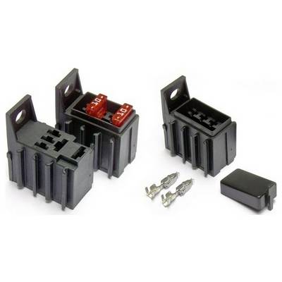 Trois supports de fusibles en plastique noir avec des fusibles rouges insérés, deux bornes métalliques et un couvercle noir sont présentés sur un fond blanc.
