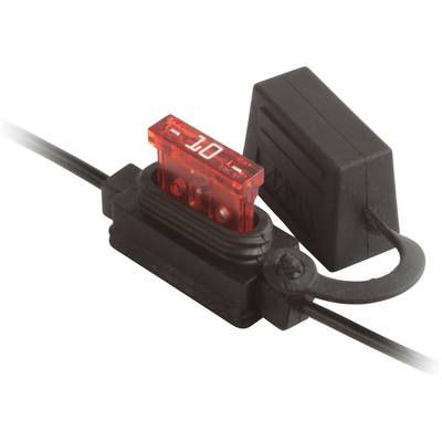 Un petit support de fusible en ligne noir avec un fusible rouge de 10 ampères inséré. Le couvercle est ouvert, montrant le boîtier transparent du fusible et ses broches.