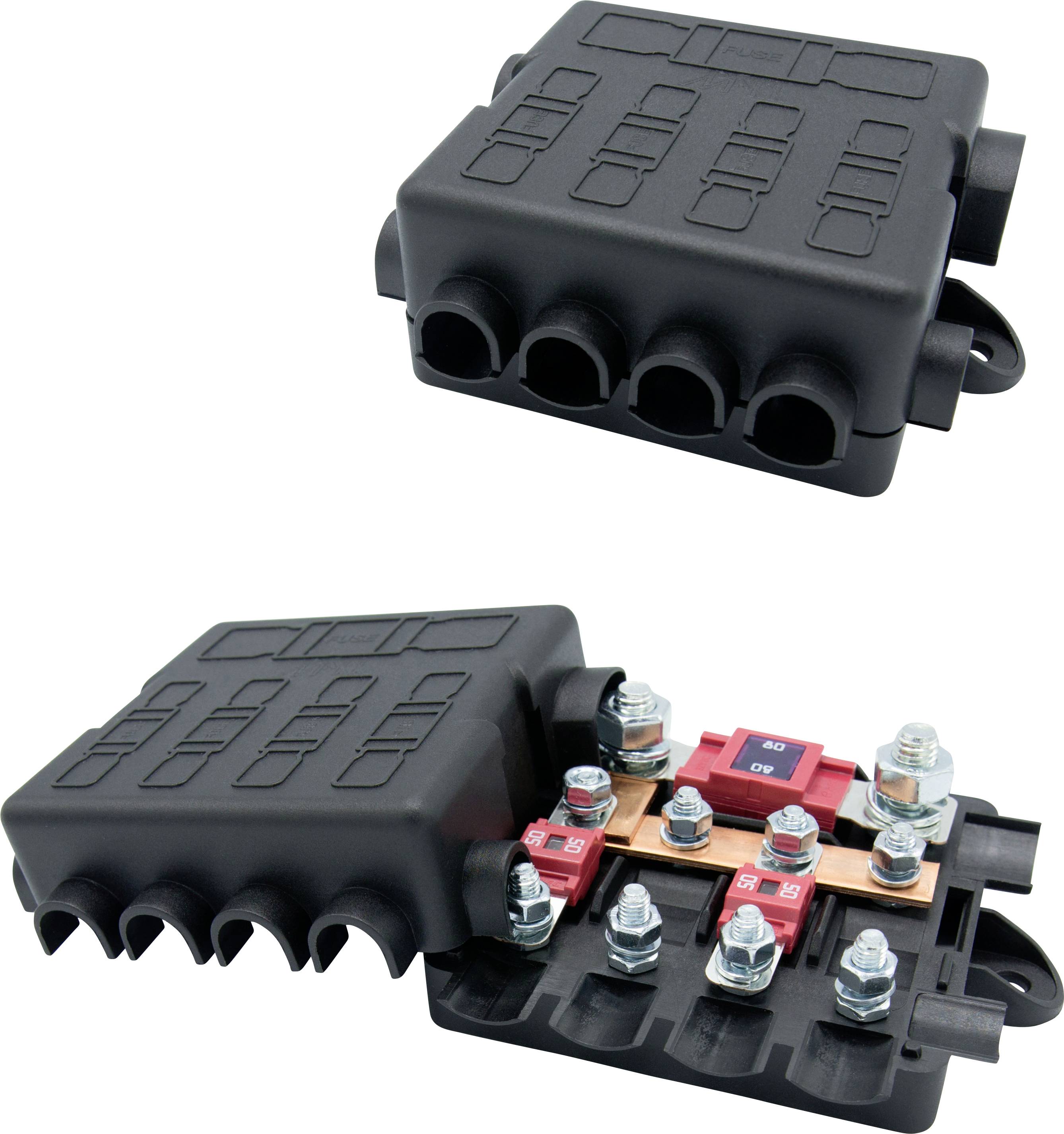 « Un boîtier de fusibles électriques noir, présenté fermé en vue du dessus et ouvert en vue du dessous, révélant des fusibles rouges et des boulons à l'intérieur. »