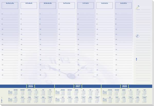 <br>  Sigel<br>  H6350<br>  Sous-main<br>  planning hebdomadaire, planning journalier<br>  2026, 2027, 2028<br>  ligné<br>  <br>  blanc, bleu<br>  (l x H) 59.5 cm x 41 cm<br>  30 feuille(s)<br>  1 pc(s)<br>  <br>
