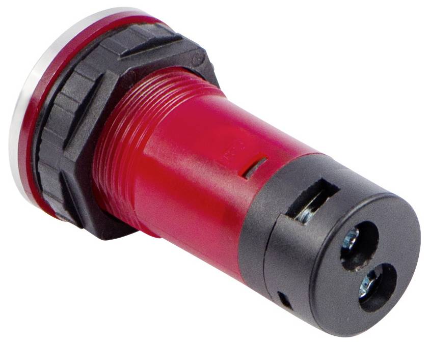 Un bouton-poussoir industriel de couleur rouge et noir, avec un design circulaire, équipé de bornes à vis pour les connexions électriques.