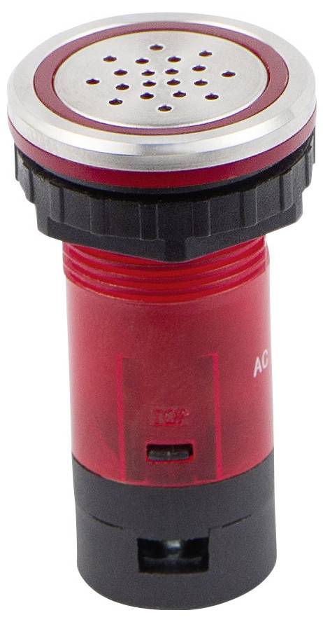 Composant cylindrique rouge avec un sommet métallique percé de trous, ressemblant à un buzzer ou à un capteur, utilisé dans les dispositifs électroniques pour les alertes.