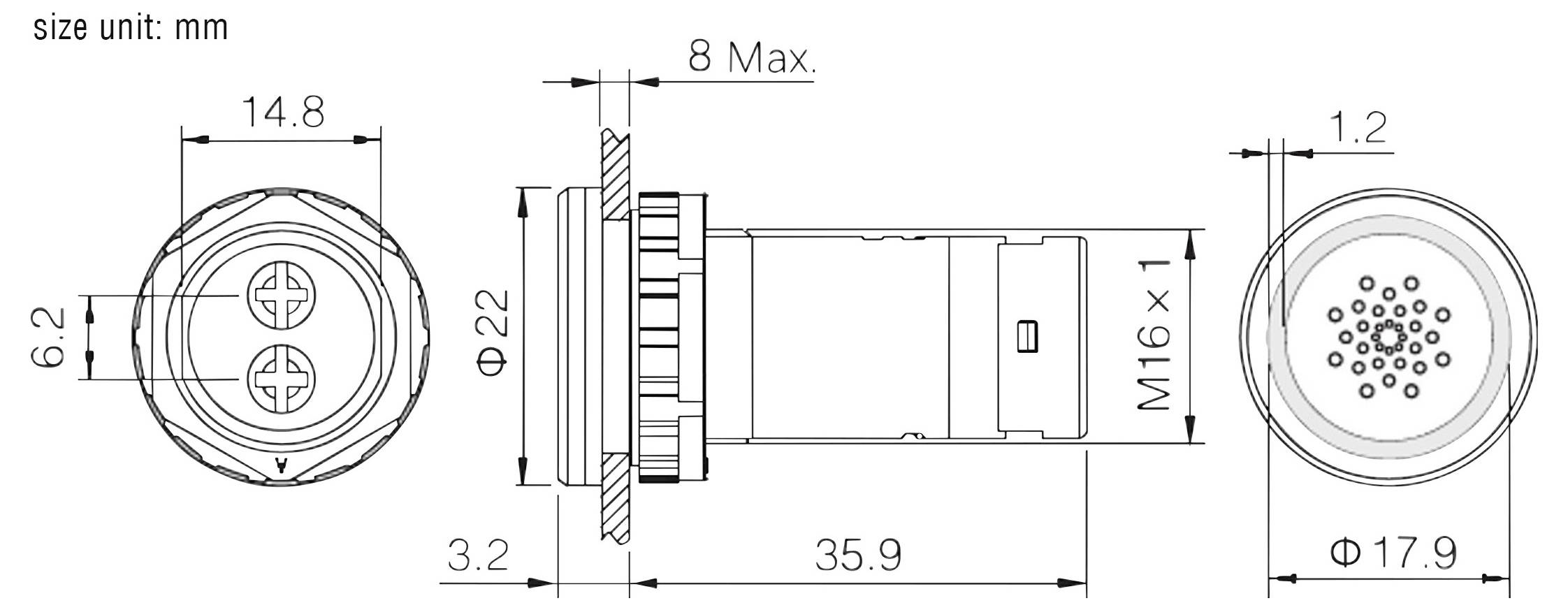 Dessin technique d'un connecteur cylindrique. Les vues de face et de profil présentent les dimensions : longueur de 6,2 mm, diamètre de 14,8 mm, filetage M16x1 et autres caractéristiques.