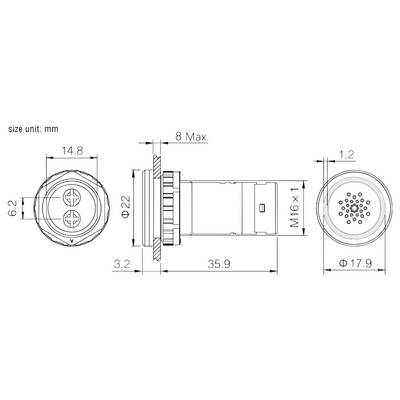 Dessin technique d'un connecteur cylindrique. Les vues de face et de profil présentent les dimensions : longueur de 6,2 mm, diamètre de 14,8 mm, filetage M16x1 et autres caractéristiques.