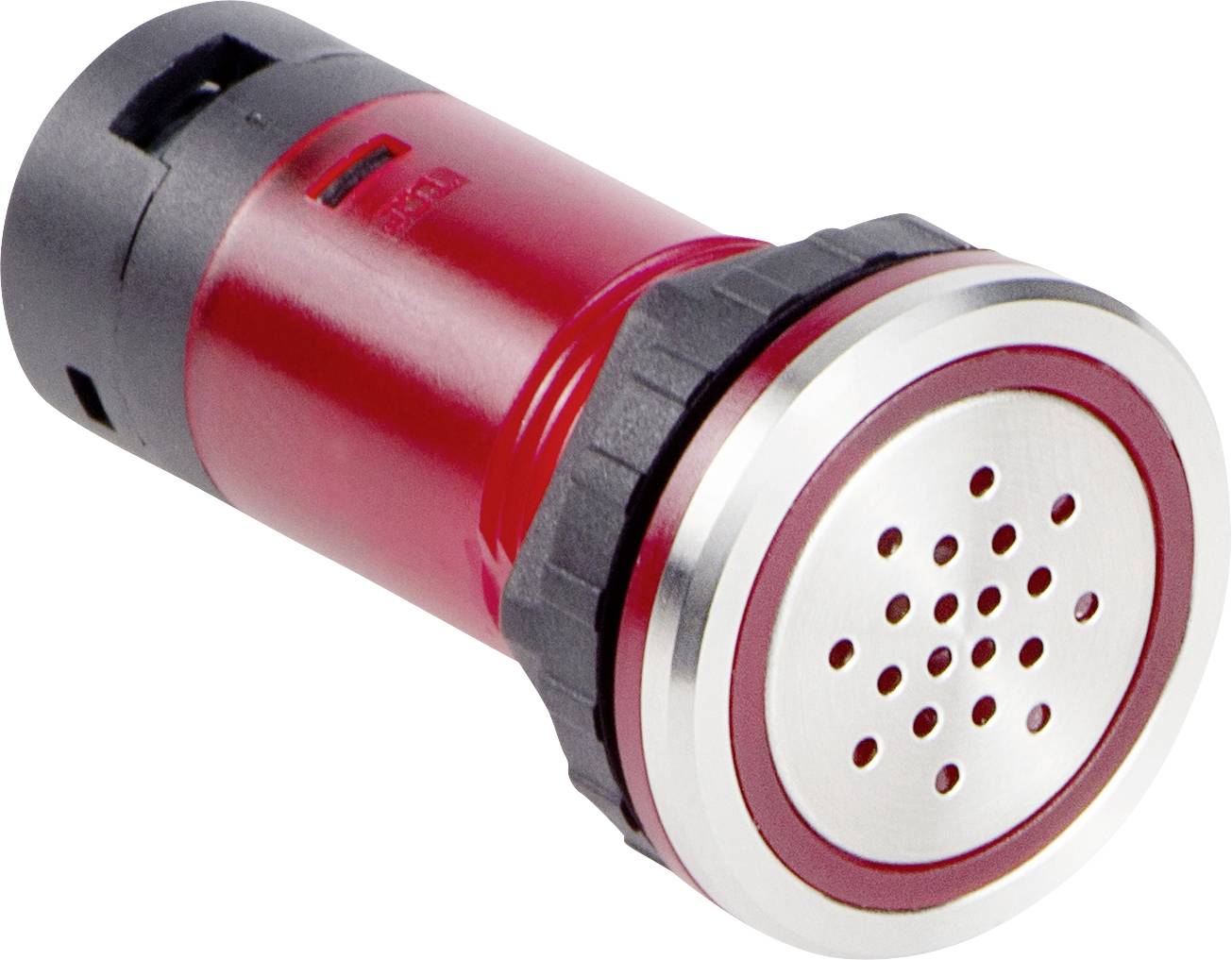 Un bouton-poussoir rouge et argent avec un dessus circulaire ventilé, utilisé dans les tableaux de commande industriels pour l'arrêt d'urgence ou l'activation d'alarmes.