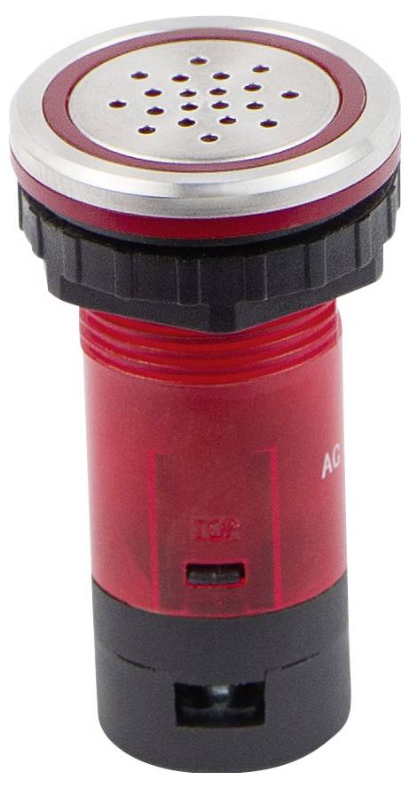 Bouton-poussoir rouge avec interrupteur à sommet métallique présentant des perforations, étiqueté 'AC' et 'DC', destiné à une utilisation électrique et dans les tableaux de commande.