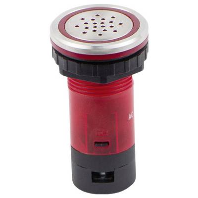 Bouton-poussoir rouge avec interrupteur à sommet métallique présentant des perforations, étiqueté 'AC' et 'DC', destiné à une utilisation électrique et dans les tableaux de commande.