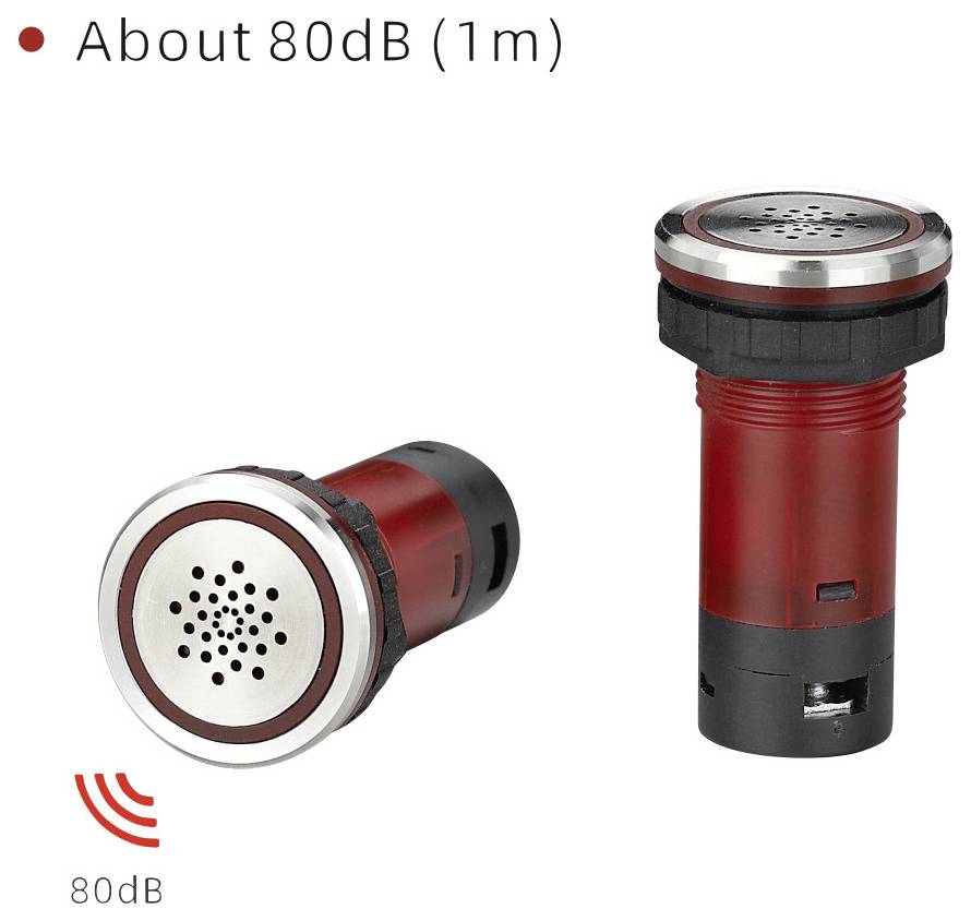 «Deux dispositifs sonores rouges et noirs, étiquetés comme produisant environ 80 dB à 1 mètre, avec une icône sonore indiquant 80 décibels.»