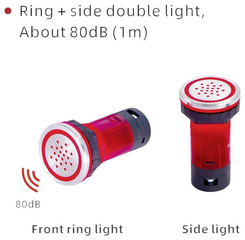 'Dispositif d'alarme rouge et noir avec anneau frontal et lumière latérale, émet environ 80 dB à 1 mètre. Vues de face et de côté présentées.'