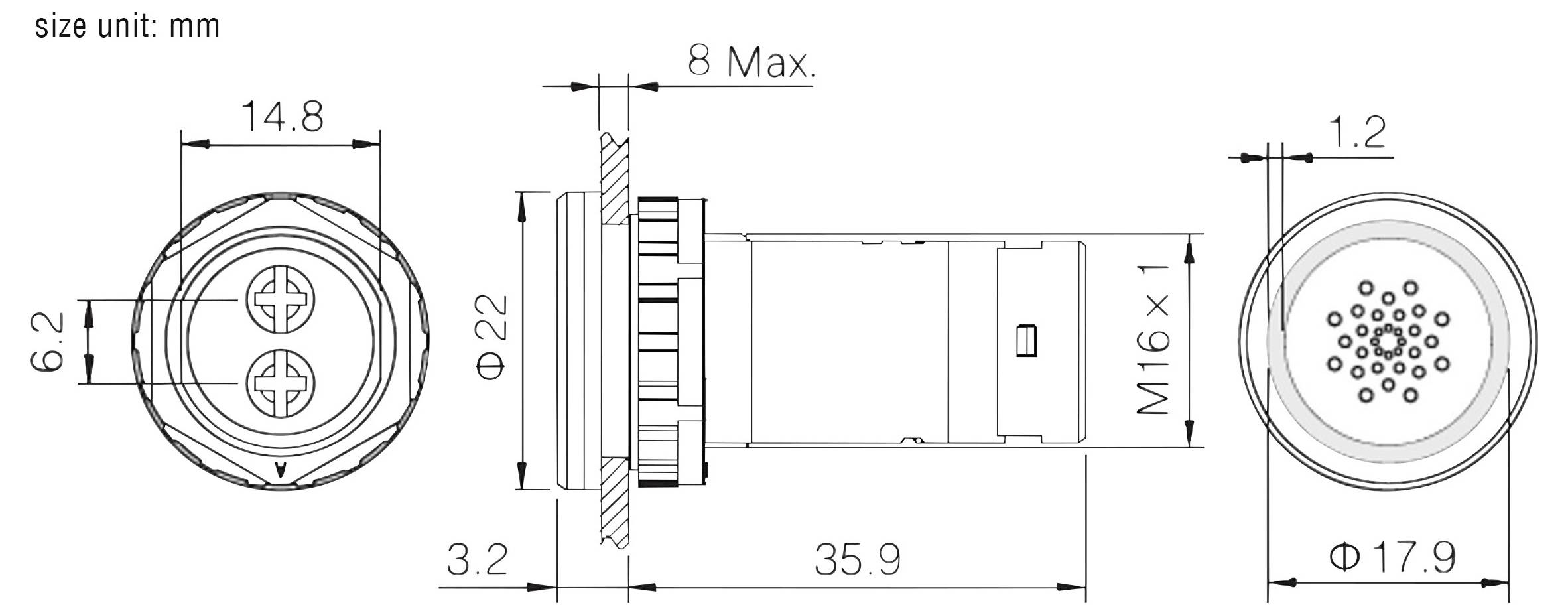 Dessin technique d'une prise montrant les vues de face, de côté et de dessus avec les dimensions en millimètres. Mesures clés comprenant un diamètre de 22, 17,9, et une longueur totale de 35,9. Taille de filetage M16×1.