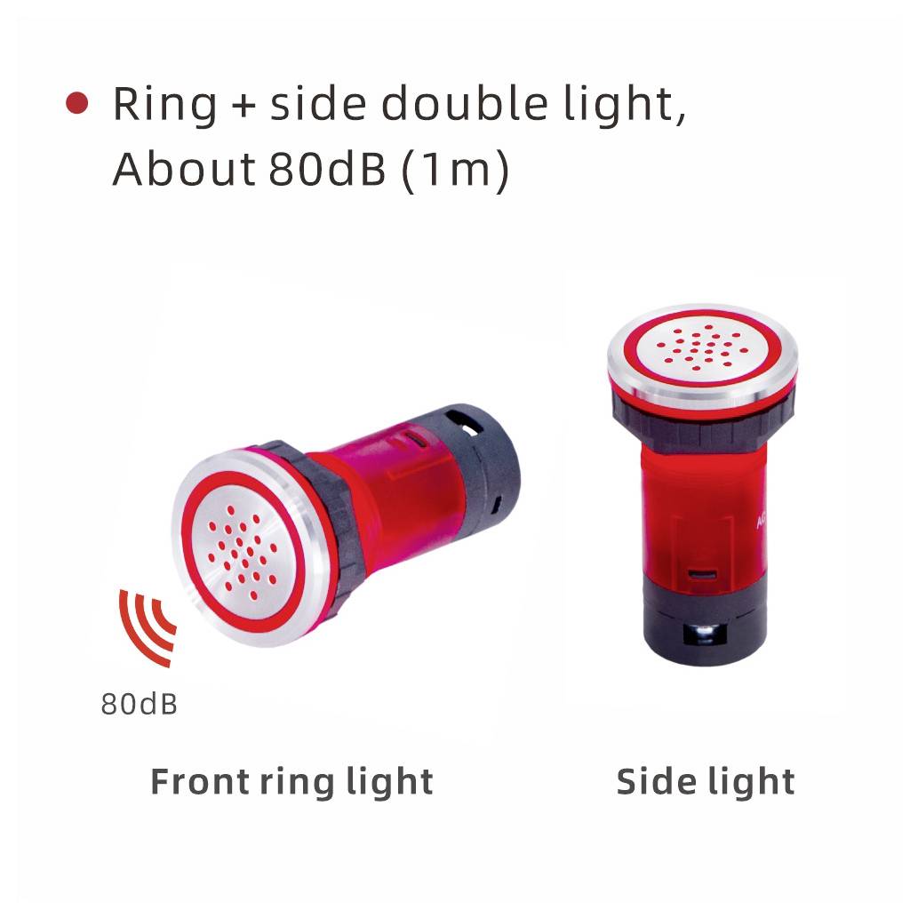 Signal d'urgence rouge avec lumière clignotante, vue de face et de profil, comprenant un double anneau lumineux et émettant un son d'environ 80 dB à 1 mètre de distance.