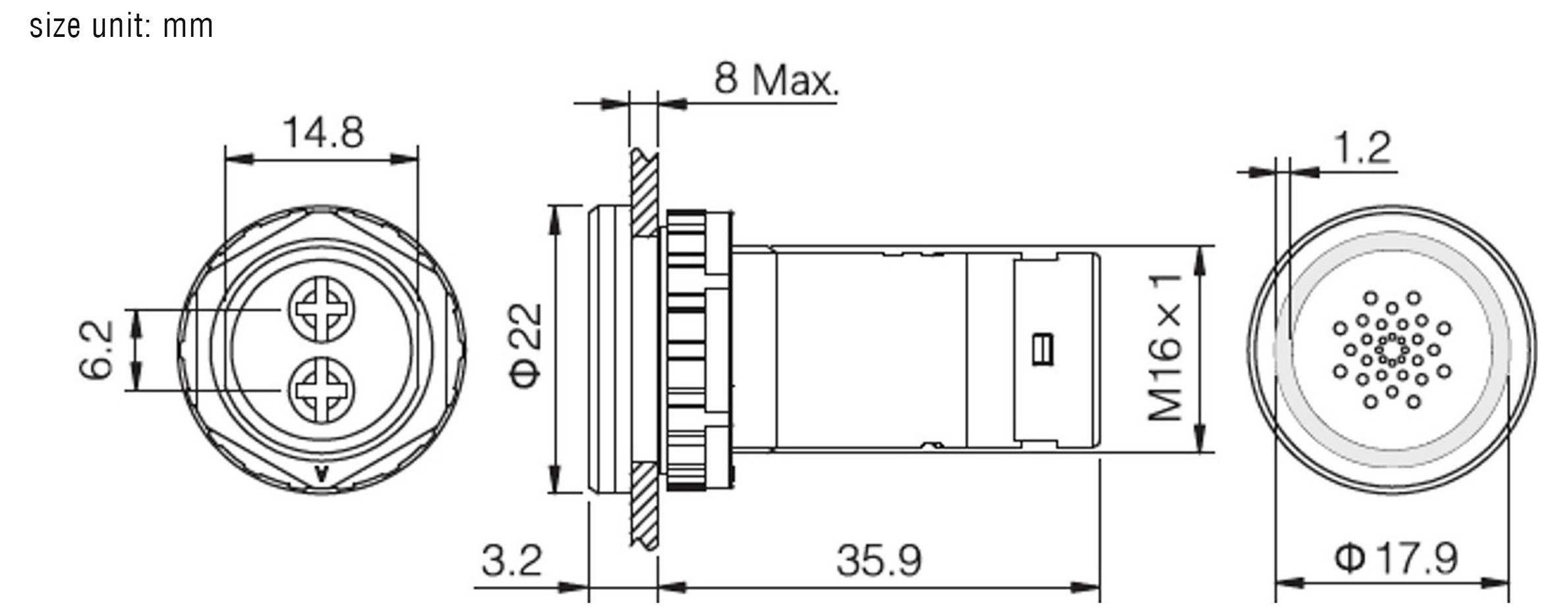 Dessin technique d'un connecteur cylindrique avec dimensions en millimètres, présentant les vues de face, de côté et arrière, incluant des mesures telles que 14,8 mm, 22 mm et 35,9 mm.