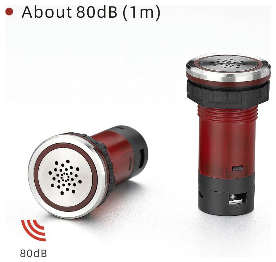 « Environ 80 dB (1 m) » texte au-dessus de deux dispositifs sonores cylindriques rouges et noirs, l'un vertical et l'autre couché. Symbole 80 dB en dessous.