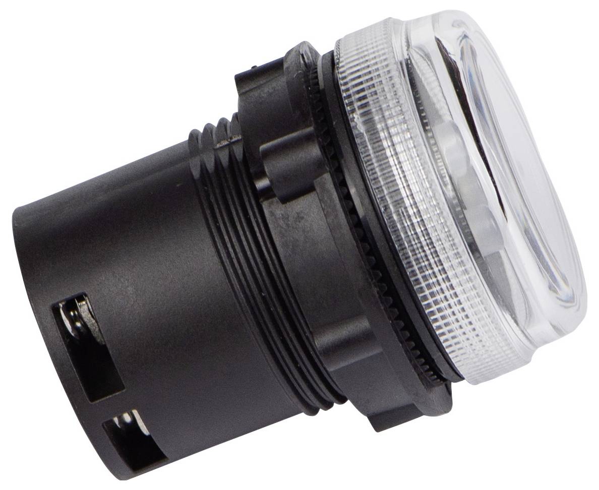 Une lentille dotée d'une base en plastique noir et d'une bague striée transparente, adaptée pour un montage dans des appareils électroniques ou des panneaux de commande.
