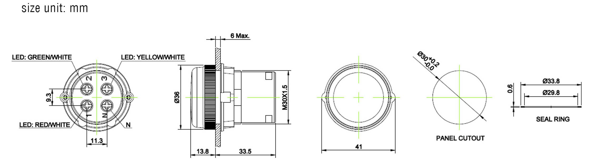 Dessin technique d'un connecteur. Indique les dimensions : diamètre 23,3 mm, profondeur 38,5 mm. Comprend la taille de découpe du panneau et les détails de l'anneau d'étanchéité.