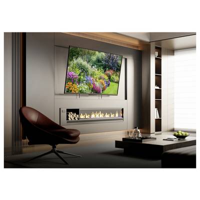 Un salon moderne avec une télévision murale affichant une scène de jardin éclatante au-dessus d'une cheminée linéaire élégante. Un fauteuil élégant et une table basse complètent l'espace.