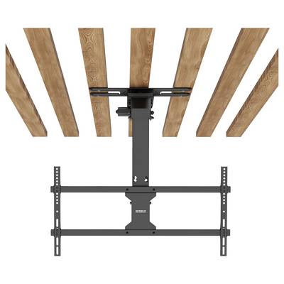 Un support de plafond pour téléviseur fixé à des poutres en bois, vu de dessous.