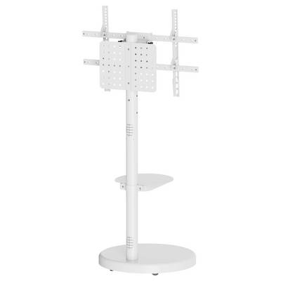 Un support de téléviseur sur pied blanc, réglable, doté d'une base robuste, d'une hauteur ajustable et de supports de montage pour écrans plats.