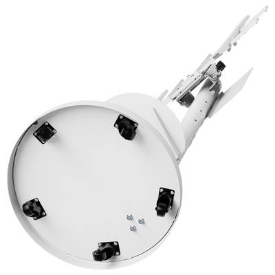 Un satellite cylindrique ou un plat d'antenne vu du dessous, avec des supports de fixation et des éléments de montage visibles sur sa face inférieure.