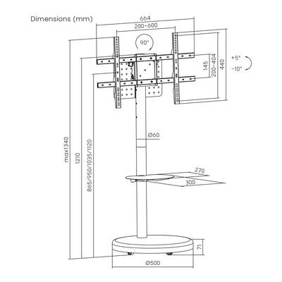 'Schéma du support de téléviseur en millimètres : hauteur 1340, largeur ajustable 200-600, plage d'inclinaison de +5° à -10°, diamètre de base 500.'