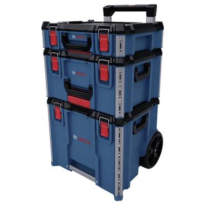 Boîtes à outils empilables bleues et noires avec des loquets rouges, équipées de roues et d'une poignée pour un transport facile. Comprend le logo 'Bosch'.