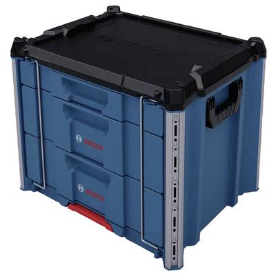 Un boîte de rangement bleue avec un couvercle noir, comprenant trois tiroirs et des poignées latérales, conçue pour l'organisation des outils et la portabilité.