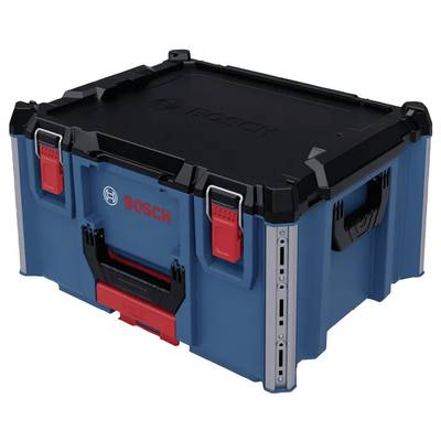 Un étui de rangement Bosch bleu et noir avec des loquets rouges, équipé d'une poignée de transport.